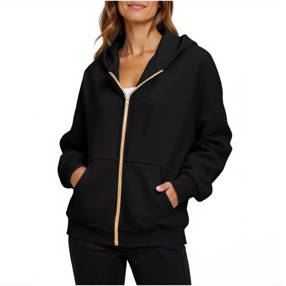 Zip Up Hoodie Women Large Black Oversized Gold Zipper Drop Shoulder Casual NWT